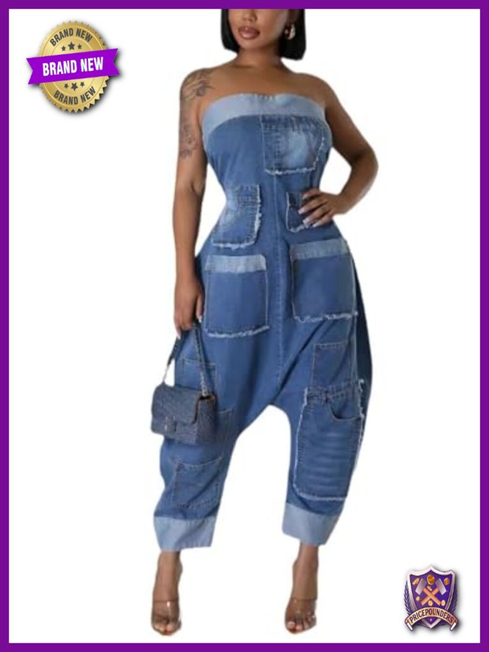 Strapless Denim Jumpsuit Wide Leg Cargo Jean Romper Off-Shoulder